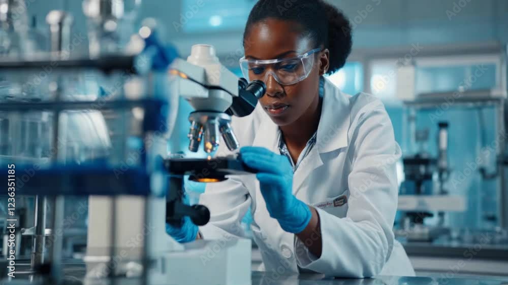 Medical science laboratory with African American scientist adjusting microscope and leaning to look in, black woman using microscope with protective glasses. Medical science laboratory with African American scientist adjusting microscope and leaning to look in, black woman using microscope with protective glasses.