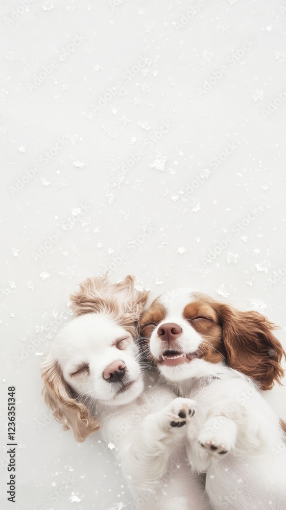 Two adorable puppies sleeping peacefully together on a snowy background