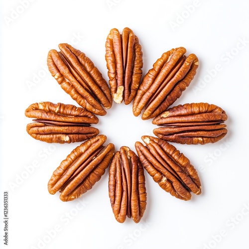 circular arrangement of pecan halves resembling flower on white background