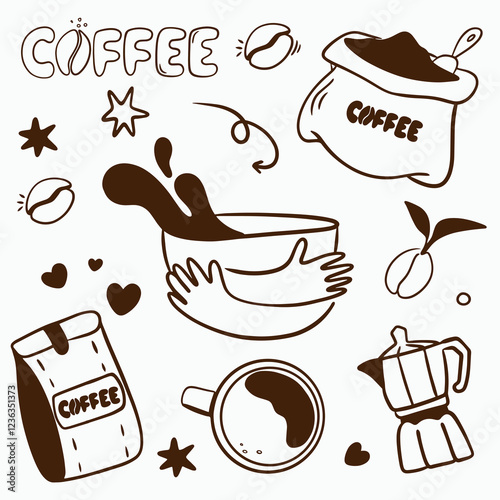 Vector doodle set for a coffee shop: cups, beans, a hand with a glass, a pot, a bag of coffee, a bag of coffee