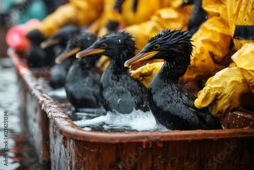 Rescuers washing oiled birds after oil spill disaster photo