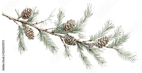 Old botanical drawing of a cedar tree branch wit 1