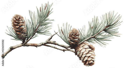Old botanical drawing of a cedar tree branch wit 2