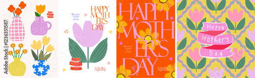Happy Mother's Day. Vector modern minimalistic illustration of seamless pattern, tulip flower, flowers in vase, bouquet, label, logo for greeting card, poster, postcard, invitation or background