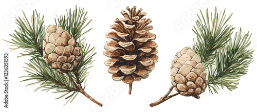 Old botanical drawing of a cedar tree branch wit 3