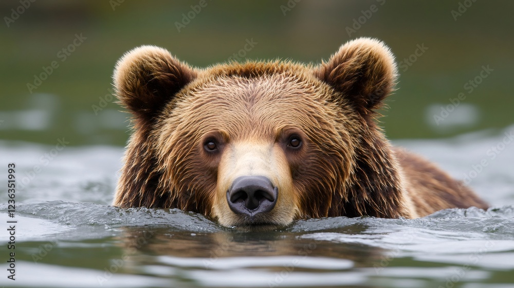 Brown bear swimming in lake with head above water Brown bear swimming in lake with head above water