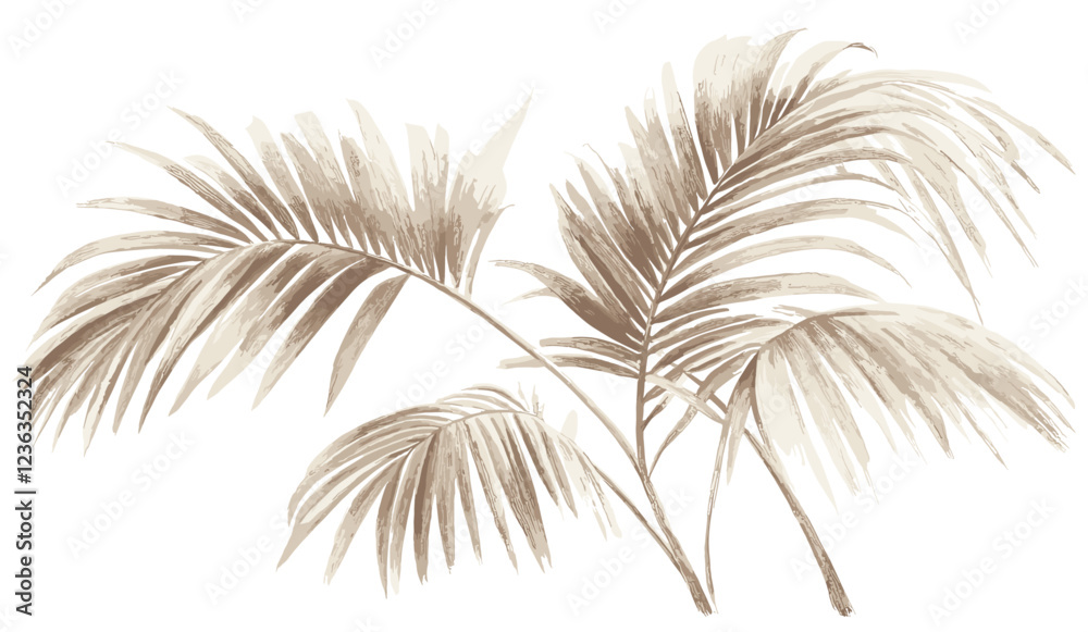 Obraz premium Old Botanical Art of Palm Fronds, Vintage Sepia Tone Illustration, Palm Leaf Vector Drawing, Retro Botanical Design, Sepia Palm Fronds, Natural Vintage Palm Art, Palm Leaf Sketch