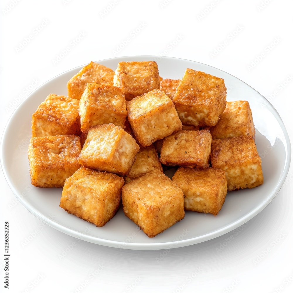 Crispy Golden Brown Tofu Cubes Served on a White Plate for Culinary Dishes and Healthy Delights Crispy Golden Brown Tofu Cubes Served on a White Plate for Culinary Dishes and Healthy Delights