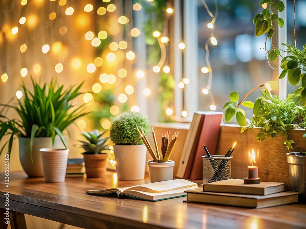 Cozy Home Office Desk, Bokeh Lights, Study Space, Creative Workspace, Ideal for Students Cozy Home Office Desk, Bokeh Lights, Study Space, Creative Workspace, Ideal for Students