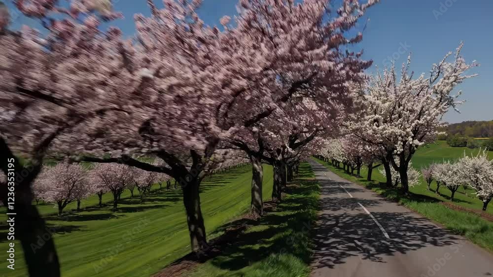 road lined with blooming sakura trees, showcasing vibrant pink flowers. The clear blue sky and green grass add to the peaceful spring atmosphere road lined with blooming sakura trees, showcasing vibrant pink flowers. The clear blue sky and green grass add to the peaceful spring atmosphere