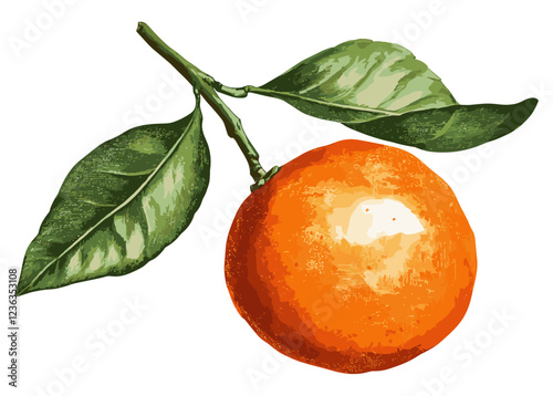 Old botanical clementine illustration with green leaves, a charming touch for cheerful holiday flavors in your holiday spread.