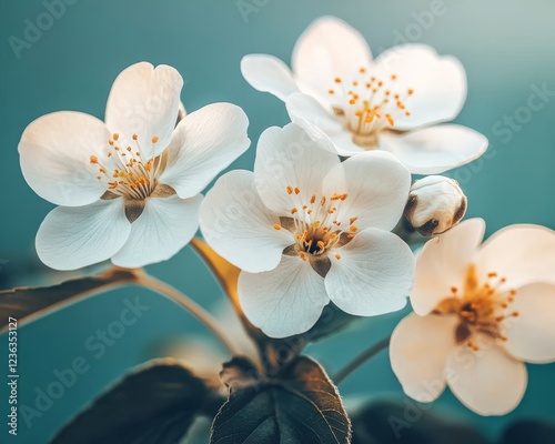Delicate white blossoms, soft natural light, spring flowering tree, close-up with blue background.
