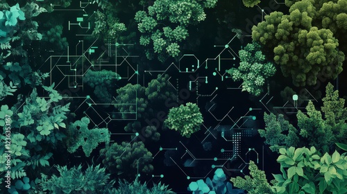Abstract Forest Background with Technology Overlay and Organic Shapes
