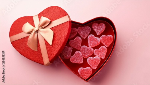 open gift box with sweet candy or marmalade in hearts shape photo