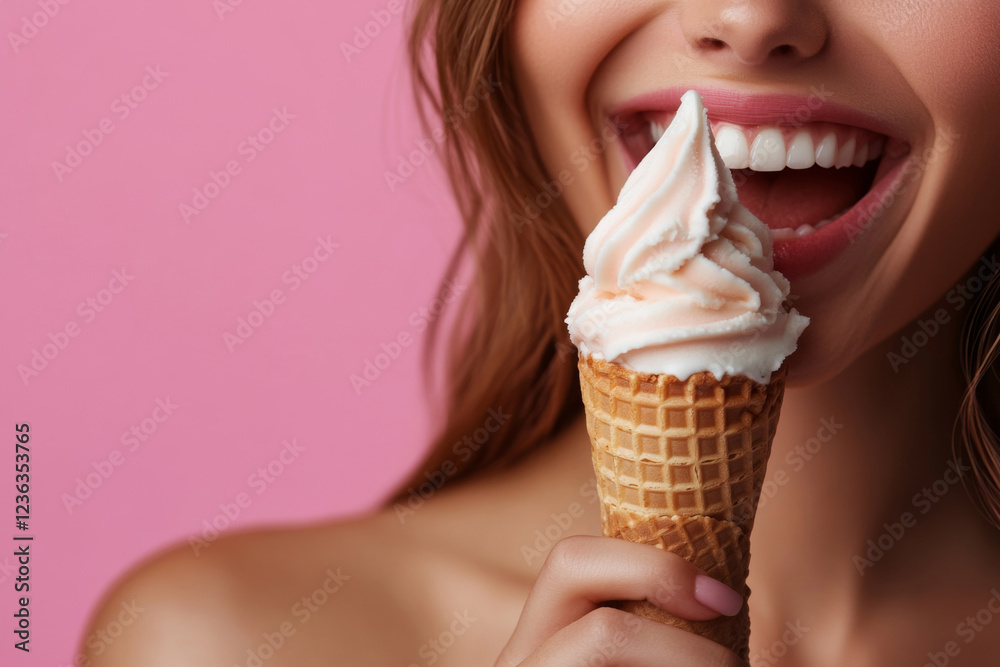Smiling woman enjoying vanilla ice cream. Close up of female mouth with white teeth taking bite of ice cream cone against vibrant pink background Smiling woman enjoying vanilla ice cream. Close up of female mouth with white teeth taking bite of ice cream cone against vibrant pink background