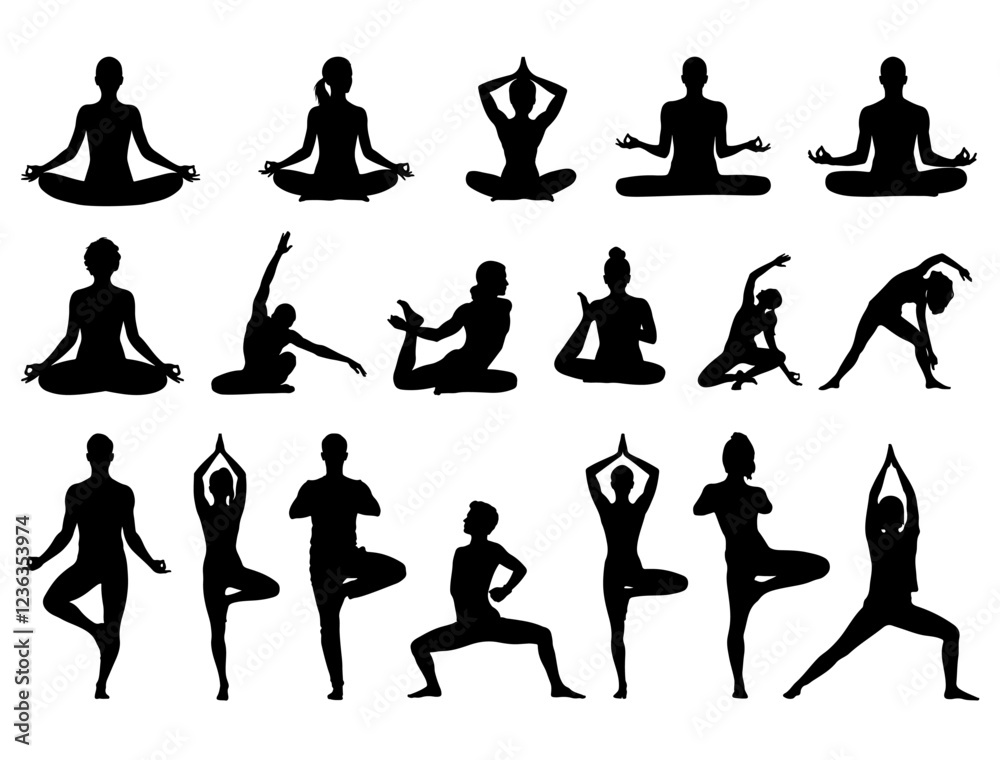 YOGA POSE SILHOUETTE ON WHITE BACKGROUND YOGA POSE SILHOUETTE ON WHITE BACKGROUND