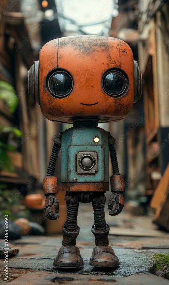 Unique miniature robot character standing in a vibrant alleyway Unique miniature robot character standing in a vibrant alleyway
