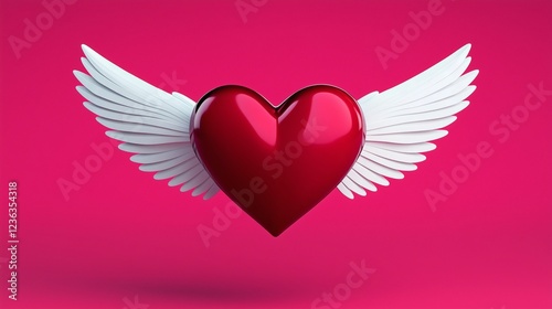  3D heart with white wings on a pink background, a Valentine's Day concept.