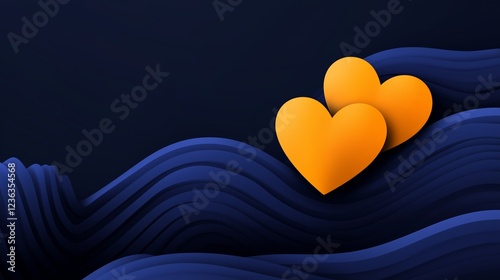 Two yellow hearts on a navy blue, wavy background, with copy space. Valentine's Day concept. 