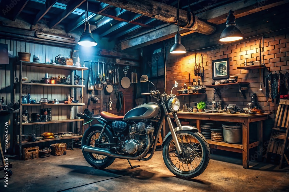 Custom Retro Motorcycle in a Well-Equipped Garage Workshop Custom Retro Motorcycle in a Well-Equipped Garage Workshop