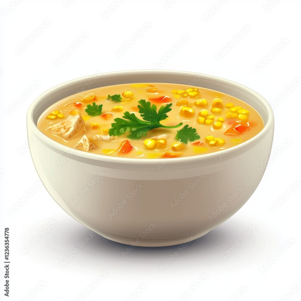 Savory Chicken Corn Soup in White Bowl with Fresh Herbs and Colorful Vegetables on Light Background Savory Chicken Corn Soup in White Bowl with Fresh Herbs and Colorful Vegetables on Light Background