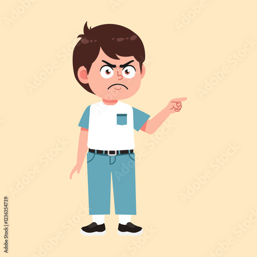 Cute Boy with Brown Hair cartoon blame, mad and angry