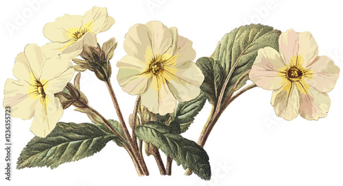 Floral art featuring a vintage primrose flower in soft yellow and pink hues, detailed botanical illustration with intricate designs on the leaves and stems