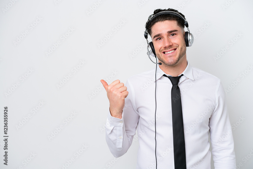 Telemarketer caucasian man isolated on white background pointing to the side to present a product Telemarketer caucasian man isolated on white background pointing to the side to present a product