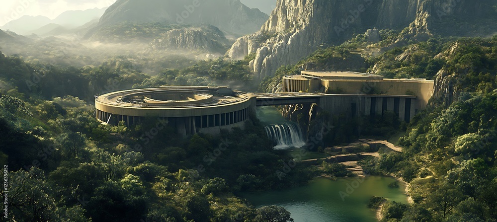 Fototapeta premium A historic dam retrofitted with modern turbines, merging the old with the new 