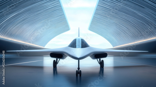 futuristic supersonic plane design with sleek lines and advanced technology, set in modern hangar. aircraft showcases innovation and speed, emphasizing its aerodynamic features