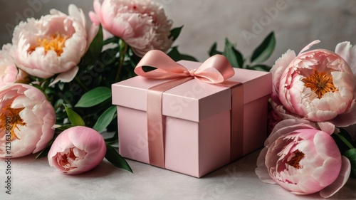 Fototapeta Naklejka Na Ścianę i Meble -  Pink gift box nestled among lush flowers peonies creates an enchanting atmosphere of holiday spring 
