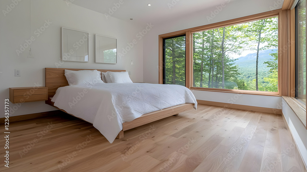 Fototapeta premium Minimalist wooden platform bed with white linens in a modern bedroom featuring large windows overlooking a lush green forest.