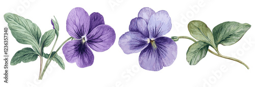 Violet flower botanical art in soft purple and green hues, vintage floral illustration with delicate details on petals and leaves