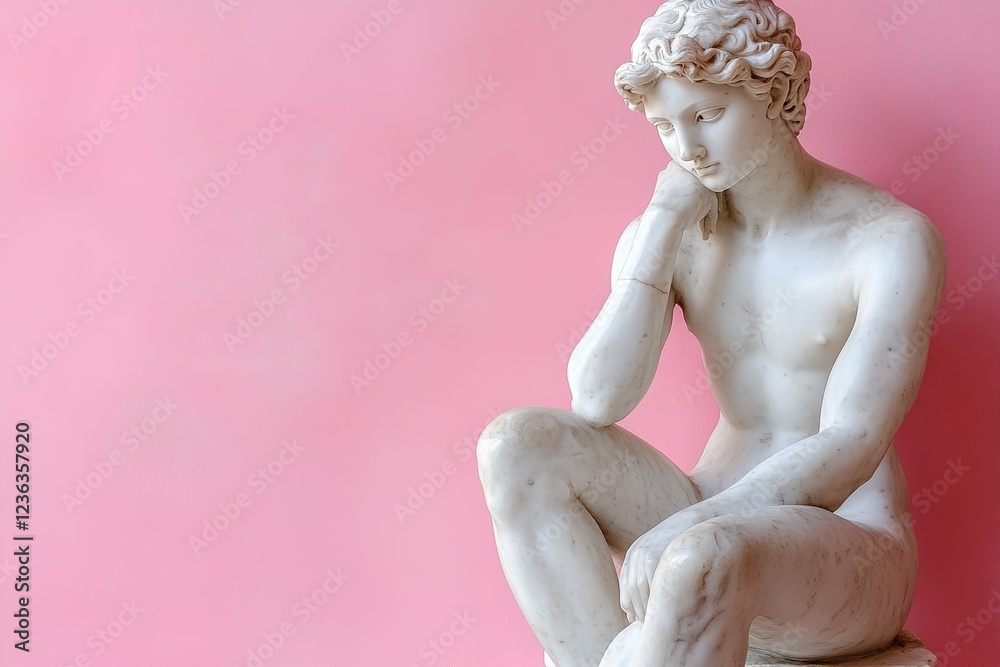 ancient greek male god sculpture sitting in pensive pose on pastel pink background with copy space ancient greek male god sculpture sitting in pensive pose on pastel pink background with copy space