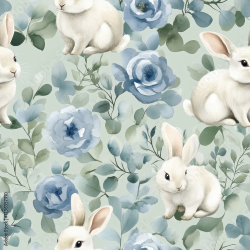 Cute rabbits surrounded by soft blue flowers create charming, whimsical pattern. This design is perfect for spring themed decor or children items photo