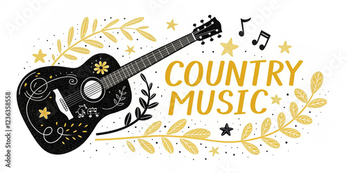 Elegant Country Music Guitar Illustration – Perfect for Music Blogs, Concert Posters, and Folk Art