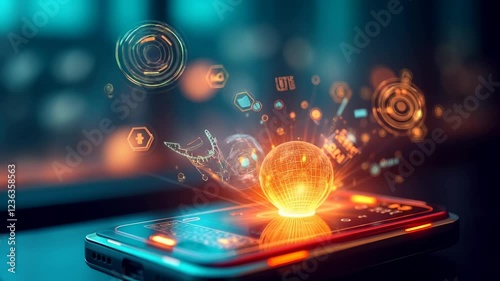 The orange-blue hologram hung over a smartphone in a dark room, a static camera, soft lateral lighting, in the foreground a table, blurred background is generated by AI