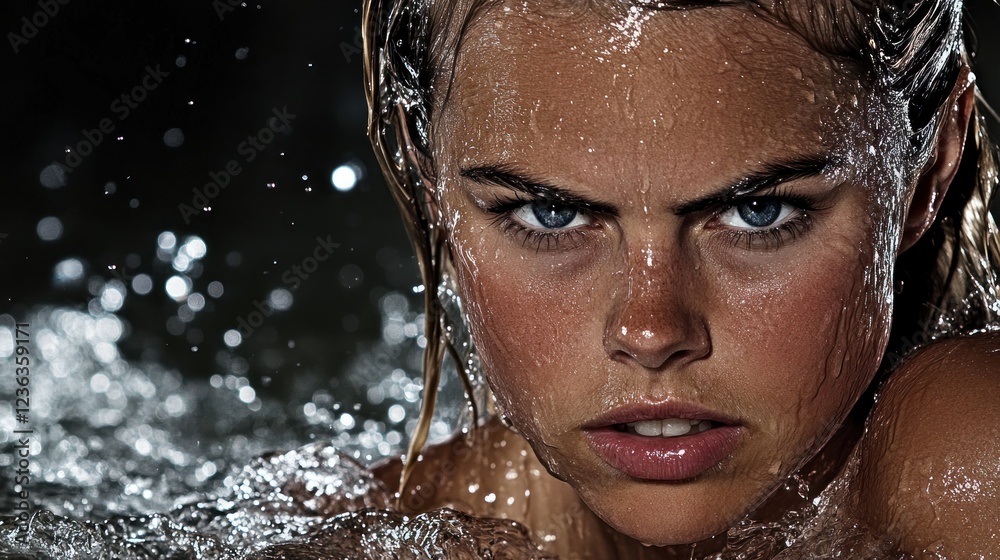 Obraz premium Woman, wet, intense gaze, water splash, dark background, beauty ad