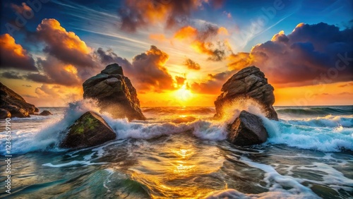 Dramatic coastal scene: kissing rocks embrace, ocean waves crash, deep focus reveals stunning details.