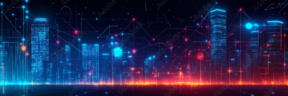 Fototapeta premium Luminous City Skyline at Dusk, Web of Connections Overlaying Buildings, Blues, Purples, Yellows