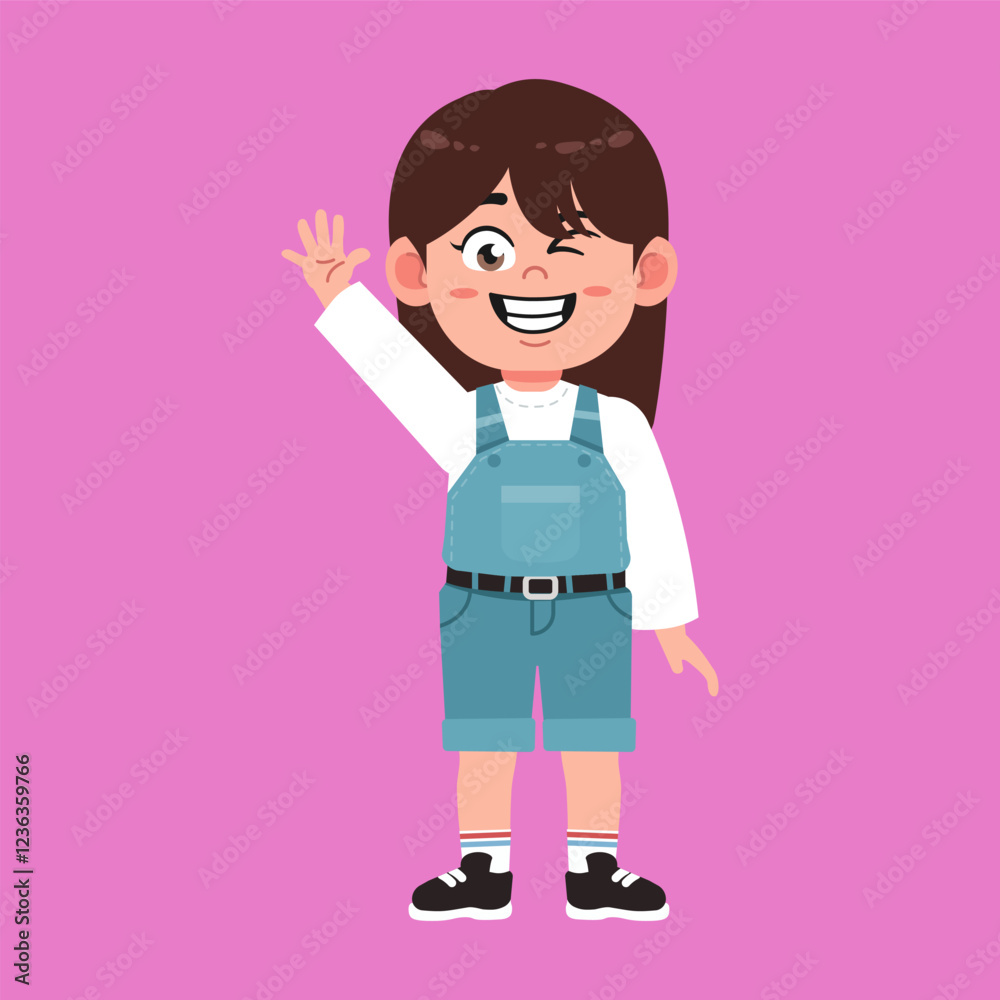 Cute Girl with Brown Long Hair cartoon say Hi and wave hand Cute Girl with Brown Long Hair cartoon say Hi and wave hand