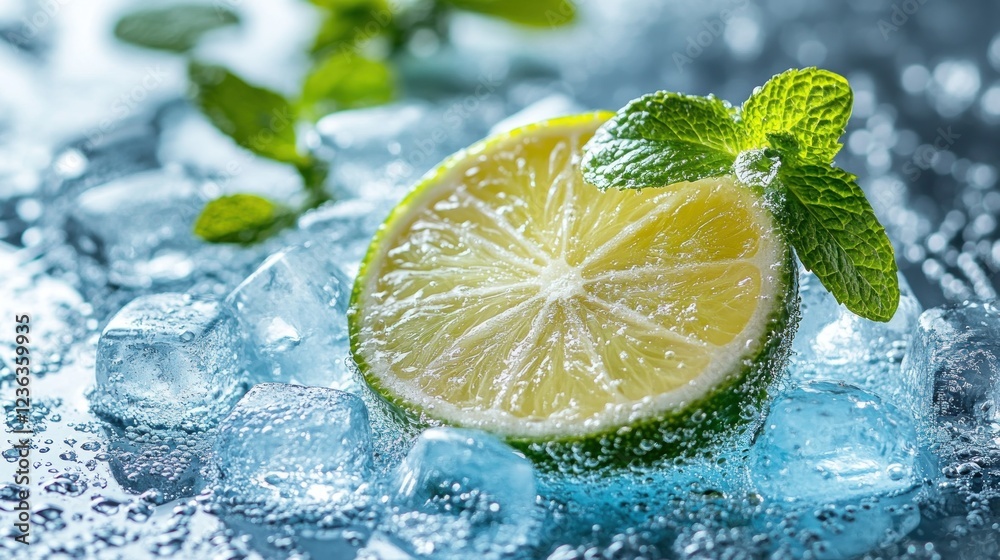 Fresh lime slice with mint on ice cubes Fresh lime slice with mint on ice cubes