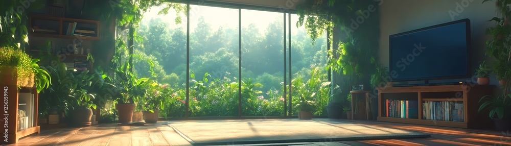Serene movie night: Lush jungle view, sunlight streams through large window, plants galore! Serene movie night: Lush jungle view, sunlight streams through large window, plants galore!