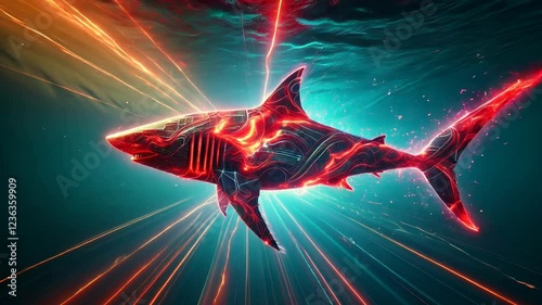 A vibrant, digitally rendered shark illuminated with colorful light effects, showcasing a blend of nature and technology, ideal for creative projects and marine themes.