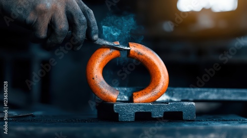 Skilled Blacksmith Crafting Horseshoes in a Traditional Workshop Surrounded by Tools and Sparks Creating a Dynamic and Authentic Atmosphere of Artistry photo