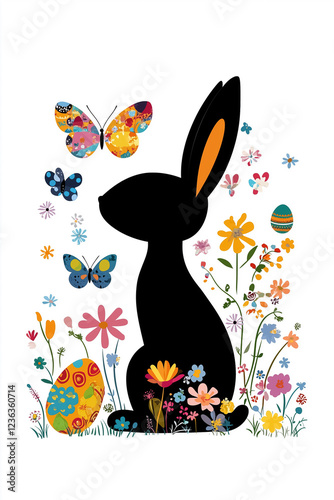 Easter bunny silhouette gazing amid colorful display of spring flowers butterflies and eggs brings fresh touch to any spring celebration with clean design approach