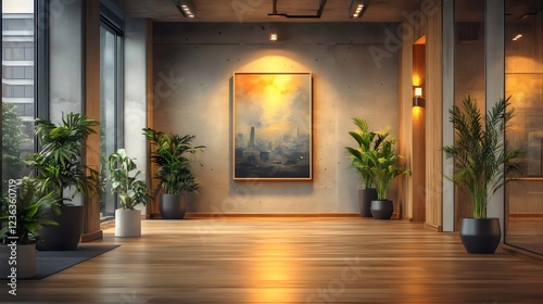 A large room with a painting on the wall and several potted plants