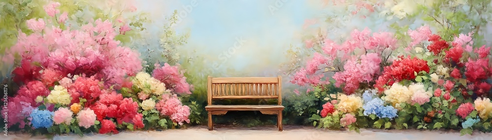 Serene garden bench nestled amongst vibrant blooms, a peaceful scene. Serene garden bench nestled amongst vibrant blooms, a peaceful scene.
