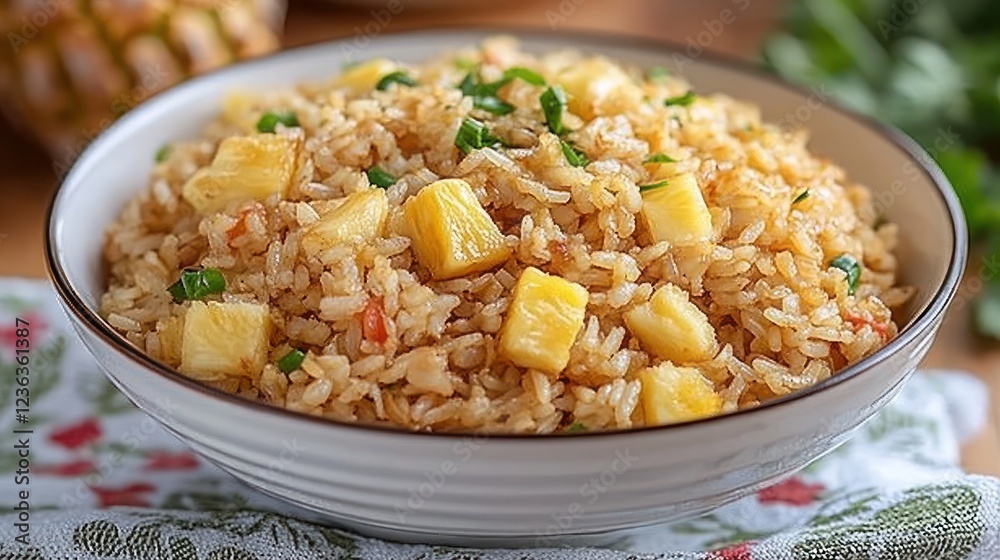 A serving of thai pineapple fried rice garnished with freshly chopped cilantro and cashew nuts A serving of thai pineapple fried rice garnished with freshly chopped cilantro and cashew nuts