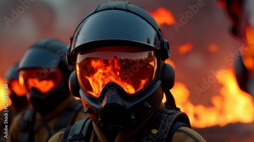 A powerful image of armored soldiers standing resolutely in front of dramatic flames, conveying themes of strength, courage, and resilience.